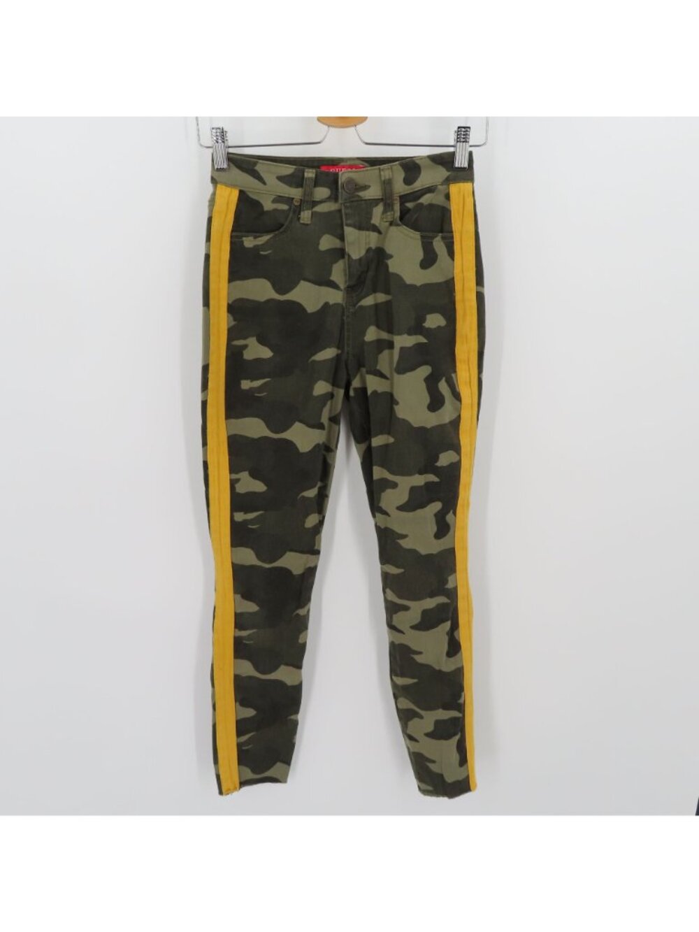 Guess Womens 25 Green Camo Camouflage Yellow Side Stripe Skinny Pants Pockets - Picture 11 of 11